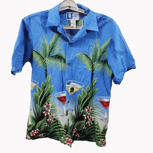 RJC Hawaii Mens Small Hawaiian Shirt Blue Tropical Margarita Palm Print - Picture 1 of 6